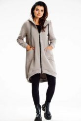 Długa bluza damska z kapturem i kieszeniami szary. Szare bluzy Infinite You, l, bez wzorów, z bawełny, eleganckie, bez ramiączek, z kapturem. Za 299.00 zł.