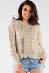 Ażurowy Sweter z Ozdobnym Wykończeniem - Beżowy. Brązowe swetry Awama, uniwersalny, w ażurowe wzory, z materiału, bez ramiączek. Za 249.90 zł.