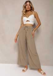 Ciemnobeżowe Bawełniane Spodnie Palazzo High Waist z Gumką w Pasie Gitanea. Brązowe jeansy Renee, xl, bez wzorów, z bawełny, eleganckie, z podwyższonym stanem. W wyprzedaży za 26.99 zł.