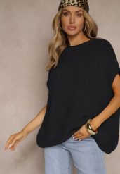 Czarny Sweter z Bawełną w Stylu Nietoperza Nilariella. Czarne swetry Renee, bez wzorów, z bawełny, biznesowe, bez ramiączek. W wyprzedaży za 127.99 zł.