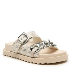 Klapki Guess. Brązowe klapki Guess, z aplikacjami, bez obcasa, bez zapięcia. Za 459.99 zł.