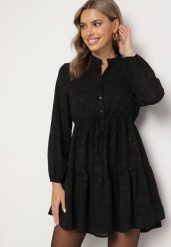 Czarna Rozkloszowana Sukienka z Tkaniny Plumeti ze Ściągaczem w Talii i Falbanką Ilisia. Czarne sukienki Born2be, m, bez wzorów, z tkaniny, boho, bez kołnierzyka, bez ramiączek, mini, rozkloszowane. W wyprzedaży za 135.99 zł.