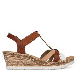 Sandały Rieker. Brązowe sandały Rieker, bez wzorów, bez obcasa, na koturnie, bez zapięcia. Za 289.99 zł.