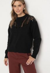 Czarny Sweter z Siateczkowymi Wstawkami z Cekinami Perełkami i Koralikami Evoriana. Czarne swetry Born2be, l, bez wzorów, z jeansu, eleganckie, bez ramiączek. W wyprzedaży za 118.99 zł.