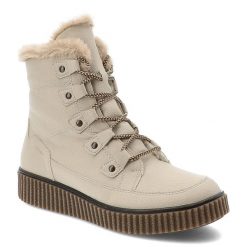 Botki damskie Rieker, antistress z płaską podeszwą i ocieplanym futerkiem, beżowe, Y4305-60. Brązowe botki Rieker, bez wzorów, z materiału, bez obcasa, na płaskiej podeszwie, bez zapięcia. Za 349.00 zł.