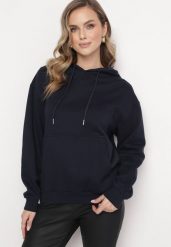 Granatowa Bluza Kangurka z Kapturem i Szeroką Kieszenią Rihea. Niebieskie bluzy Born2be, bez wzorów, z kapturem. W wyprzedaży za 67.99 zł.