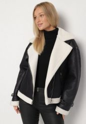 Czarna Kurtka Ramoneska Biker z Futerkiem i Paskami z Klamrami Mandrie. Czarne kurtki Born2be, l, z aplikacjami, z futra, eleganckie, bez kaptura. Za 229.99 zł.