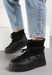 Czarne Śniegowce na Grubej Podeszwie ze Sznurowaniem Izandra. Czarne śniegowce Born2be, bez wzorów, z wełny, bez zapięcia. Za 89.99 zł.