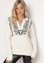 Jasnobeżowy Sweter z Ozdobnym Haftem i Rozcięciem z Domieszką Wełny Anninna. Brązowe swetry Born2be, m, bez wzorów, z wełny, bez ramiączek. W wyprzedaży za 59.49 zł.