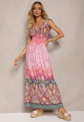 Jasnoróżowa Sukienka z Mozaikowym Wzorem Boho Gumką w Pasie i Sznurkami na Ramionach Ainervea. Czerwone sukienki Renee, l, bez wzorów, z materiału, boho, bez kołnierzyka, bez ramiączek, maxi. W wyprzedaży za 43.99 zł.