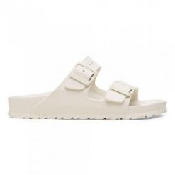 Klapki damskie Birkenstock Arizona Eva. Białe klapki Birkenstock, bez wzorów, z materiału, sportowe, bez obcasa, bez zapięcia. Za 139.00 zł.