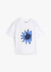 Bawełniany T-shirt z nadrukiem. Białe t-shirty bonprix, bez wzorów, z bawełny, bez kołnierzyka, bez ramiączek. Za 39.99 zł.