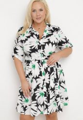 Czarno-Biała Koszulowa Sukienka w Kwiaty z Wiązanym Paskiem Laritasia. Czarne sukienki Born2be, xl, bez wzorów, bez kołnierzyka, bez ramiączek, midi, koszulowe. Za 129.99 zł.