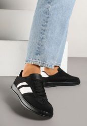 Czarne Sneakersy Tenisówki Ozdobione Paskami Amodira. Czarne trampki Renee, bez wzorów, z jeansu, bez zapięcia. W wyprzedaży za 67.99 zł.