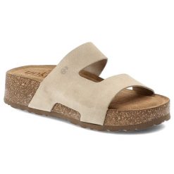 Klapki damskie Yokono, cholewka ze skóry naturalnej zamszowej z szerokim paskiem podeszwą korkową z wyściółką skórzaną, beżowe, Wiwi-260 Ser Crudo. Brązowe klapki Yokono, bez wzorów, ze skóry, bez obcasa, bez zapięcia. Za 209.00 zł.