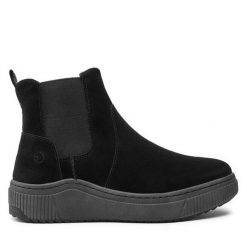 Botki Tamaris. Czarne botki Tamaris, bez wzorów, bez obcasa, na płaskiej podeszwie, bez zapięcia. Za 349.99 zł.