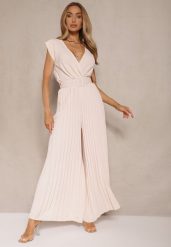 Beżowy Kopertowy Kombinezon Wide Leg Zdobiony Plisami i Paskiem z Klamrą Salirella. Brązowe sukienki Renee, na co dzień, l, z aplikacjami, eleganckie, bez kołnierzyka, bez ramiączek, kopertowe. W wyprzedaży za 91.99 zł.