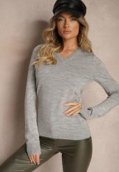 Szary Casualowy Sweter z Dekoltem w Serek Amitta. Szare swetry Renee, m, bez wzorów, z jeansu, biznesowe, bez ramiączek. W wyprzedaży za 63.99 zł.