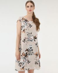 LNIANA SUKIENKA W KWIATY I LIŚCIE. Sukienki Unisono, na co dzień, l, bez wzorów, prążkowane, bez kołnierzyka, bez ramiączek, mini, proste. Za 189.00 zł.