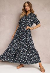 Granatowa Rozkloszowana Sukienka w Kwiaty Bawełniana Leatria. Niebieskie sukienki Renee, s, bez wzorów, z bawełny, bez kołnierzyka, bez ramiączek, maxi, rozkloszowane. W wyprzedaży za 83.99 zł.
