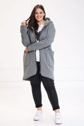Ciepły płaszcz bluza Zita w szarym kolorze duże rozmiary XXL OVERSIZE. Szare bluzy Moda Size Plus Iwanek, m, bez wzorów, z bawełny, bez kaptura. W wyprzedaży za 199.90 zł.