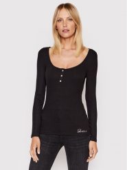 Guess Bluzka W2YP46 KBCO2 Czarny Slim Fit. Czarne bluzki Guess, s, z aplikacjami, z wiskozy, bez kołnierzyka, bez ramiączek. Za 149.99 zł.