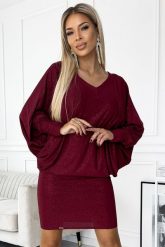 Nietoperzowa Sukienka z Brokatem - Bordowa z brokatem. Czerwone sukienki NUMOCO, l, bez wzorów, z elastanu, wizytowe, bez kołnierzyka, bez ramiączek. Za 179.90 zł.