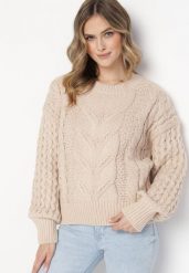 Beżowy Sweter z Bawełną i Wełną z Warkoczykowym Splotem Venqille. Brązowe swetry Born2be, m, bez wzorów, z bawełny, bez ramiączek. W wyprzedaży za 84.99 zł.