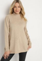 Jasnobeżowy Sweter z Półgolfem Bawełną i Kieszenią w Stylu Kangurka Emirielia. Brązowe swetry Born2be, l, bez wzorów, z bawełny, biznesowe, bez ramiączek. W wyprzedaży za 84.99 zł.