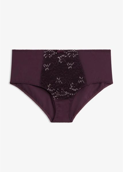 Figi modelujące z delikatną koronką. Fioletowe bielizna modelująca bonprix, bez wzorów, z koronki. Za 49.99 zł.