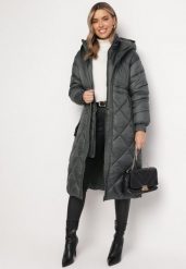 Ciemnozielona Kurtka za Kolano Pikowana z Wiązanym Paskiem Claze. Zielone kurtki Born2be, m, bez wzorów, z materiału, bez kaptura. Za 249.99 zł.