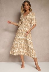 Ciemnobeżowa Sukienka Boho Rozkloszowana z Wiskozy z Odkrytymi Plecami Tuvria. Brązowe sukienki Renee, na co dzień, l, bez wzorów, z wiskozy, boho, bez kołnierzyka, bez ramiączek, midi, rozkloszowane. W wyprzedaży za 55.99 zł.
