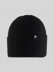 4F Czapka zimowa damska - czarna Uniwersalny. Czarne czapki zimowe 4f, z aplikacjami, z dzianiny, klasyczne. Za 49.99 zł.