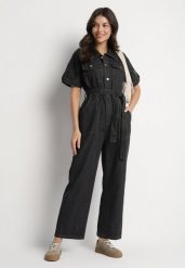 Czarny Jeansowy Kombinezon z Wiązaniem w Talii i Szerokimi Nogawkami Xenadea. Czarne sukienki Born2be, na spotkanie biznesowe, m, bez wzorów, z denimu, eleganckie, bez kołnierzyka, bez ramiączek. W wyprzedaży za 195.49 zł.