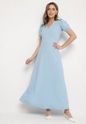 Niebieska Sukienka Rozkloszowana z Trójkątnym Dekoltem Efralinae. Niebieskie sukienki Born2be, na imprezę, l, bez wzorów, eleganckie, bez kołnierzyka, bez ramiączek, maxi, rozkloszowane. W wyprzedaży za 127.49 zł.