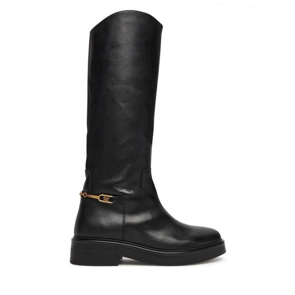 Oficerki Tommy Hilfiger. Czarne kozaki Tommy Hilfiger, bez wzorów, bez obcasa, na płaskiej podeszwie, bez zapięcia. Za 949.99 zł.