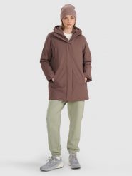 4F Płaszcz przejściowy membrana 8000 damski - brązowy S. Brązowe kurtki przeciwdeszczowe 4f, s, bez wzorów, z materiału, bez kaptura. W wyprzedaży za 249.99 zł.