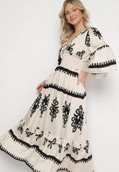 Biało-Czarna Sukienka Boho z Wiskozą w Etniczny Wzór z Szeroką Gumką w Pasie Efanielis. Czarne sukienki Born2be, na co dzień, m, z aplikacjami, z wiskozy, boho, bez kołnierzyka, bez ramiączek, maxi, rozkloszowane. Za 199.99 zł.