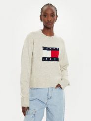 Tommy Jeans Sweter Flag DW0DW18681 Beżowy Relaxed Fit. Brązowe swetry Tommy Jeans, l, bez wzorów, z jeansu, bez ramiączek. Za 269.99 zł.