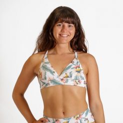 Góra kostiumu kąpielowego damska Decathlon Bea Bella. Białe bikini OLAIAN, bez wzorów, sportowe. W wyprzedaży za 39.99 zł.