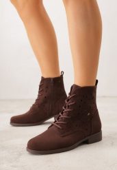 Brązowe Ażurowe Botki ze Sznurowaną Cholewką Sephylia. Brązowe botki Renee, w ażurowe wzory, z jeansu, boho, bez obcasa, na płaskiej podeszwie, bez zapięcia. Za 129.99 zł.