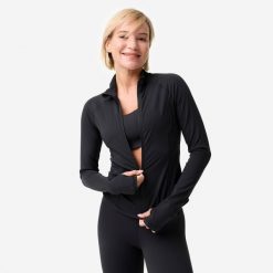 Bluza do jogi i pilatesu damska Domyos Breathe rozpinana. Czarne bluzy Decathlon, xs, bez wzorów, z elastanu, biznesowe, bez ramiączek, bez kaptura. Za 149.99 zł.