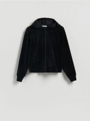 Welurowa bluza z kapturem - czarny. Czarne bluzy Reserved, l, bez wzorów, z dzianiny, bez ramiączek, z kapturem. Za 119.99 zł.