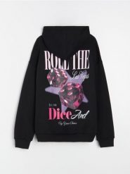 Bluza hoodie z nadrukiem na plecach - czarny. Czarne bluzy Sinsay, l, bez wzorów, bez ramiączek, bez kaptura. Za 49.99 zł.