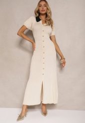 Jasnobeżowa Wiskozowa Sukienka Rozkloszowana Retro z Guzikami i Kołnierzem Ardival. Brązowe sukienki Renee, na co dzień, z aplikacjami, z materiału, eleganckie, bez kołnierzyka, bez ramiączek, maxi, proste. W wyprzedaży za 143.99 zł.