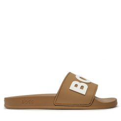 Klapki BOSS. Brązowe klapki Boss, bez wzorów, bez obcasa, bez zapięcia. Za 199.99 zł.