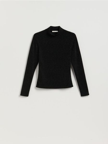 Błyszczący golf - czarny. Czarne swetry Reserved, l, bez wzorów, z dzianiny, bez ramiączek. Za 69.99 zł.