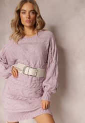 Jasnofioletowy Długi Sweter Oversize z Wypukłym Splotem All Over Somet. Fioletowe swetry Renee, bez wzorów, ze splotem, casualowe, bez ramiączek. Za 79.99 zł.