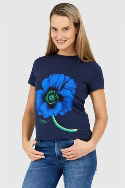 KENZO Granatowy t-shirt damski z niebieskim makiem, Rozmiar S. Niebieskie t-shirty Kenzo, s, bez wzorów, bez kołnierzyka, bez ramiączek. W wyprzedaży za 332.99 zł.