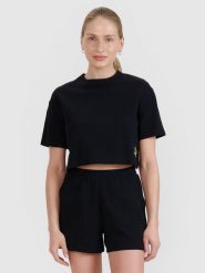 4F T-shirt crop top z waflowej dzianiny damski - czarny XS. Czarne t-shirty 4f, xs, bez wzorów, z bawełny, sportowe, bez kołnierzyka, bez ramiączek. Za 69.99 zł.